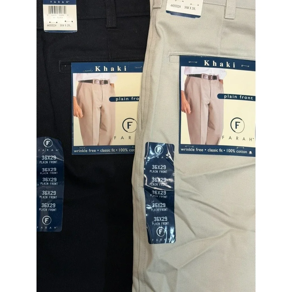Lot of 2 Farah Khaki Pants Men 36x29 Black Beige NWT Classic Fit Plain Front